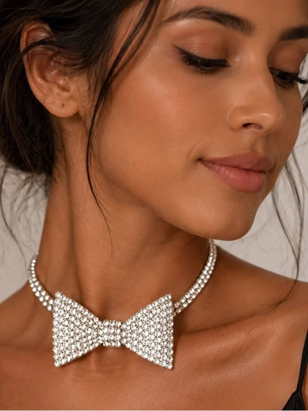 Crystal Bow Choker Necklace - Silver